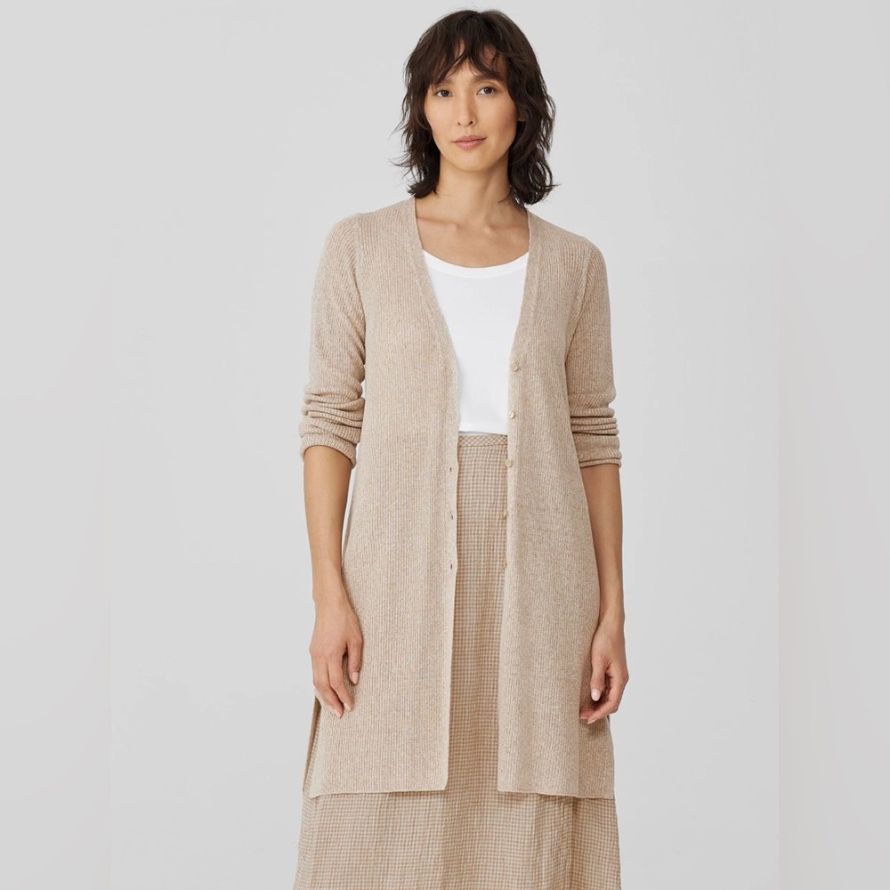 EILEEN FISHER Organic Linen‎ Melange Long Cardigan Easy Fit, Knee Length Size XL